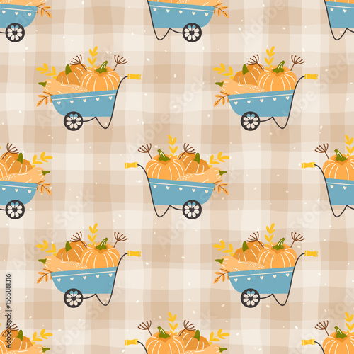 Vector Seamless autumn pattern featuring pumpkins in carts and rustic wheelbarrows. Hand-drawn design perfect for seasonal fabric, countryside-themed wrapping paper, and childrens clothing