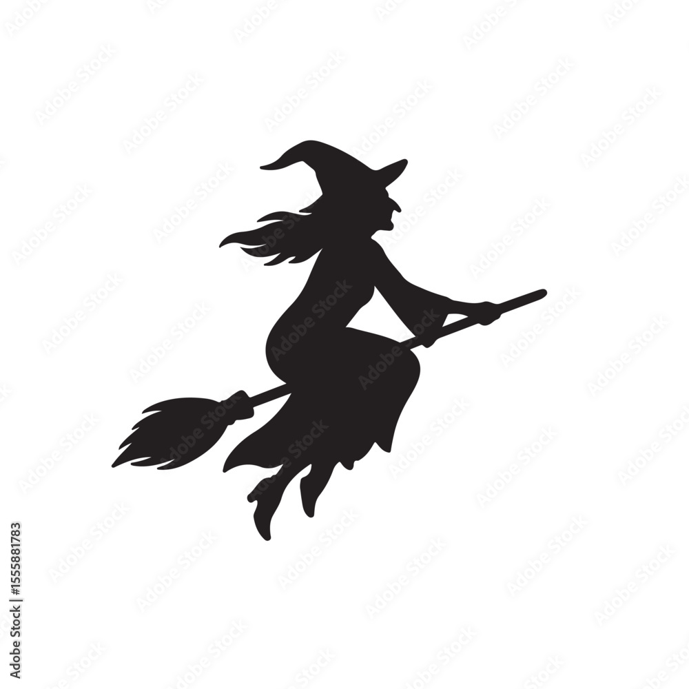 Fototapeta premium Flying Witch Silhouette on Broomstick Halloween Magic Vector Illustration