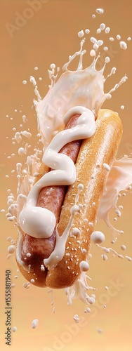 hot dog grilled sausage in a bun with mild white sauce . aspect ratio 3:8