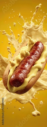 hot dog grilled sausage in a bun with mild white sauce . aspect ratio 3:8