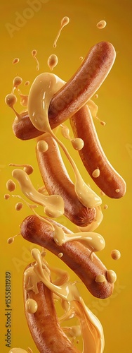 hot dog grilled sausages falling while being splashed by mustard sauce . aspect ratio 3:8