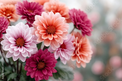 Chrysanthemum flowers blooming in various pastel colors