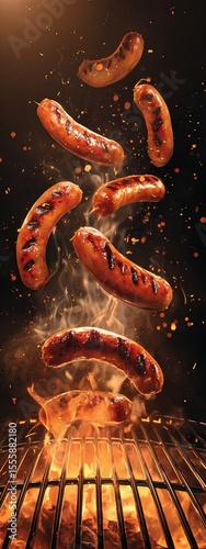 hot dog grilled sausages on a grill . aspect ratio 3:8