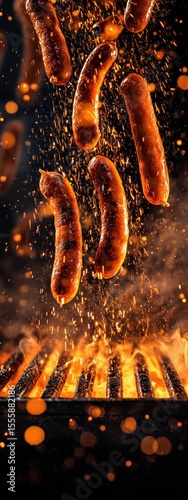 hot dog grilled sausages on a grill . aspect ratio 3:8