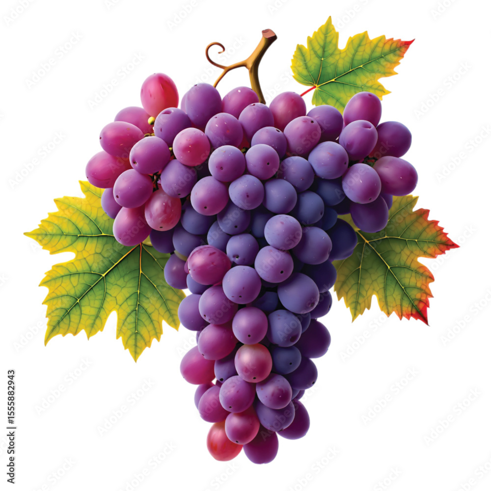 Fototapeta premium Red purple grapes with green leaves red grapes fruit