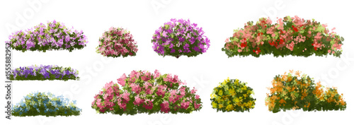  Vector watercolor blooming flower tree or forest side view isolated on white background for landscape and architecture drawing,elements for environment or and garden,green tree for garden section 