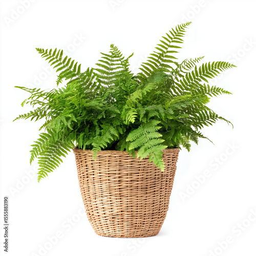 Lush green fern plant in woven wicker basket, isolated on white background, indoor decorative houseplant foliage