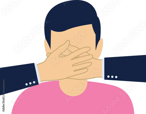 Businessman's mouth is blocked by red hands

