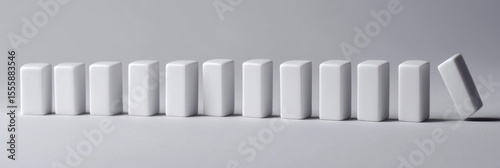 One domino falls, starting a chain reaction affecting many others. This symbolizes risk, influence, and interconnectedness.