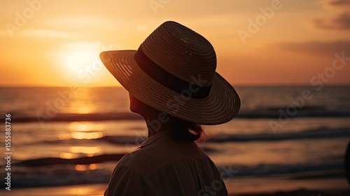 Silhouette of a person in a straw hat watching the sunset at the beach, tranquil and dreamy 