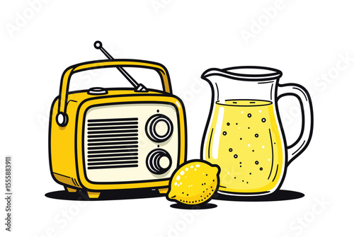 Retro Yellow Radio with Antenna, Lemon, and Lemonade Pitcher Illustration on White Background