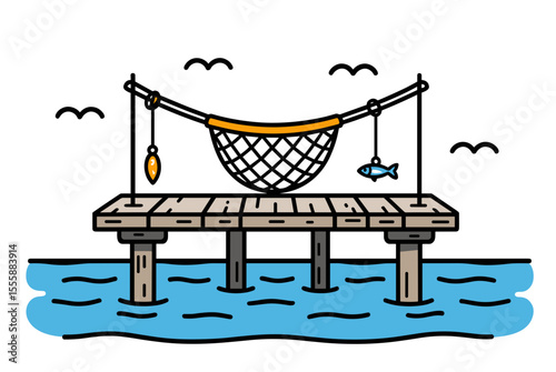 Illustration of a Fishing Pier with Net, Fish, and Birds in Flat Design Style, a Scenic View