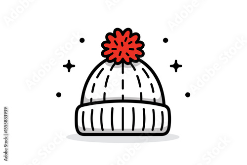 Winter Beanie Hat with Red Pom Pom and Decorative Stars Illustration on White Background