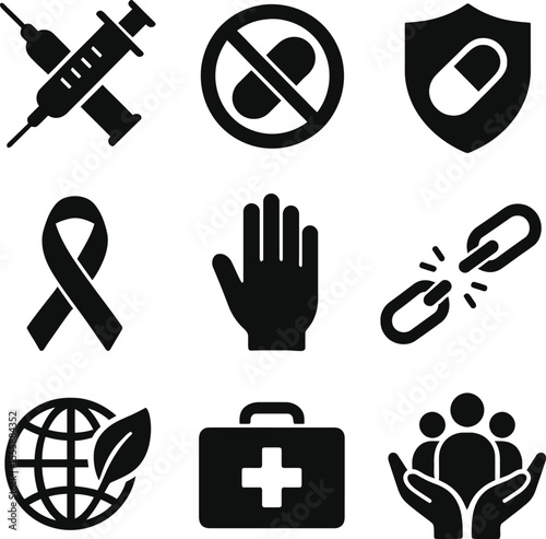 Black silhouette icon set for International Day Against Drug Abuse and Illicit Trafficking featuring crossed pill & syringe, no‑symbol, shield with capsule, awareness ribbon, hand stop sign, chain b
