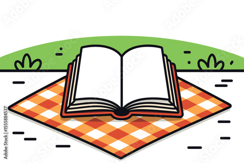 Open Book on a Checkered Blanket in a Park Illustration, Reading and Relaxation Concept