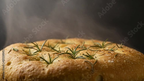 Steaming Focaccia: A close-up shot of freshly baked focaccia bread, adorned with fragrant rosemary sprigs, releasing gentle steam. A feast for the eyes and the senses.