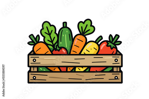 Wooden Crate Filled with Freshly Harvested Vegetables: Carrots, Tomatoes, Cucumber, and Lettuce, a Colorful Cartoon Illustration