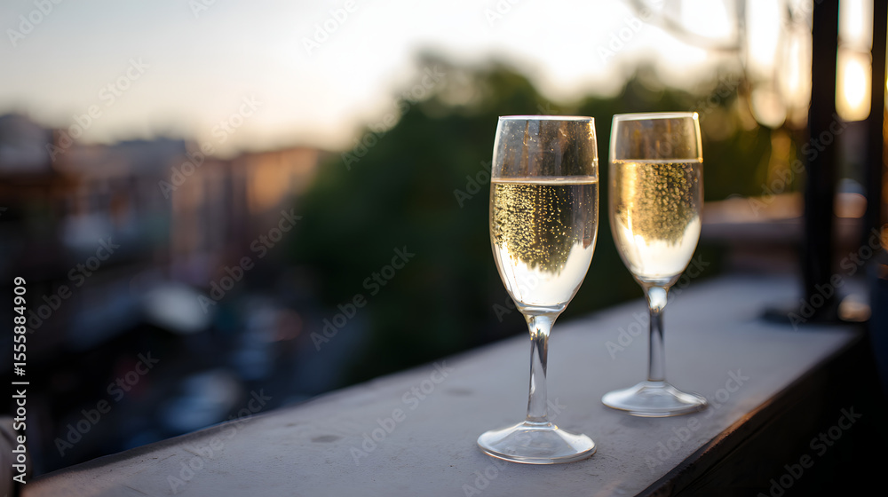 Two champagne glasses on a rooftop ledge at dusk, celebrating life with city lights and golden glow. Two champagne glasses on a rooftop ledge at dusk, celebrating life with city lights and golden glow.