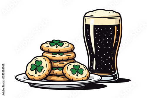 St. Patrick's Day Cookies with Shamrock Decorations and a Pint of Dark Beer Illustration