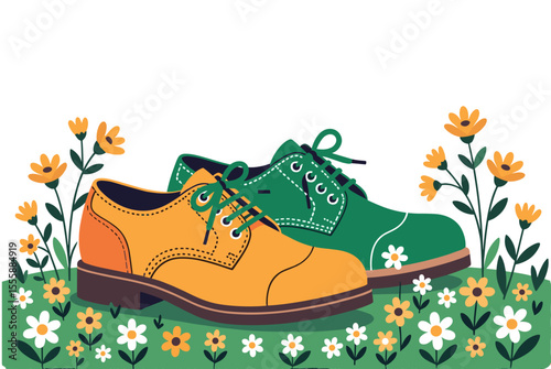 Stylish Green and Yellow Leather Shoes in a Floral Meadow Illustration, Fashion Footwear Design