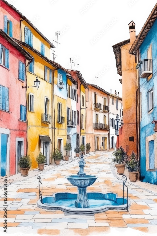 Obraz premium Village Fountain Illustration Pastel Colour Drawing