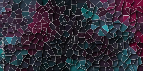 Dark Multicolor Broken Stained Glass Background with dark lines. Voronoi diagram background. Seamless pattern with 3d shapes vector Vintage Illustration background. Geometric Retro tiles pattern