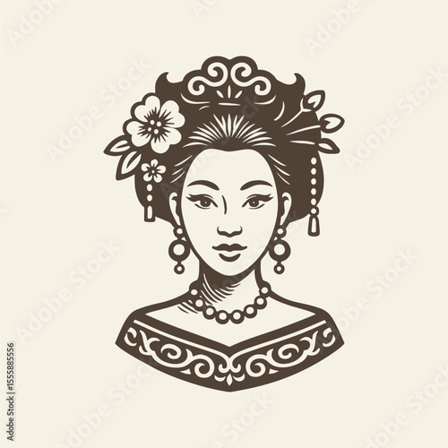 Beautiful young chinese woman in traditional clothing. Retro vector illustration suitable as a logo, for textile printing or advertising of all kinds.