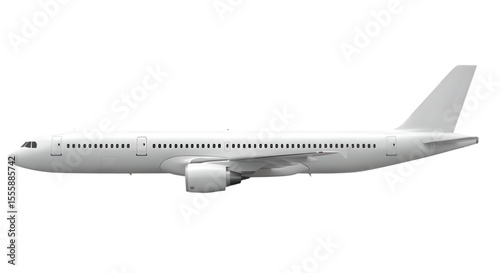 Side view of a modern white passenger airplane with engines and tail 
