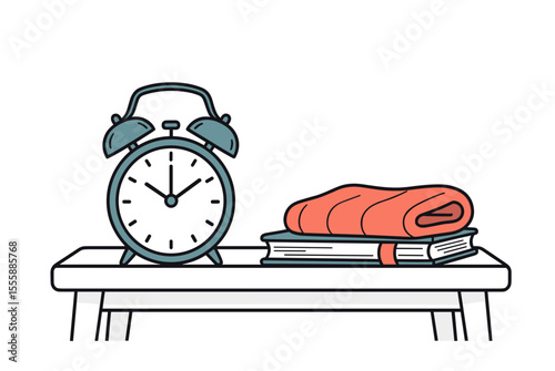 Illustration of an Alarm Clock, Books, and a Blanket on a White Table