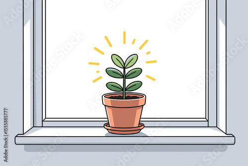 Cartoon Potted Plant on a Windowsill with Sunlight, Illustration of Indoor Gardening and Growth