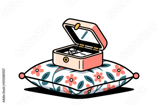 Elegant Engagement Ring in a Pink Box Displayed on a Floral Pillow Illustration