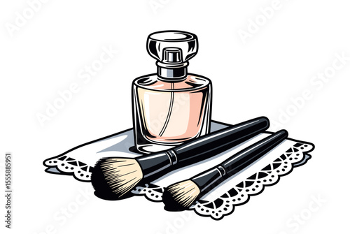 Elegant Perfume Bottle with Makeup Brushes on a Lace Handkerchief Illustration for Beauty Products
