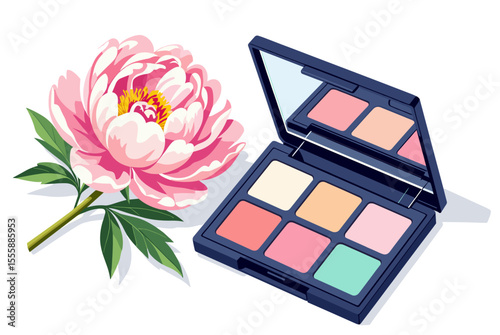 Elegant Pink Peony Flower with Makeup Palette Illustration for Beauty and Cosmetics Promotion