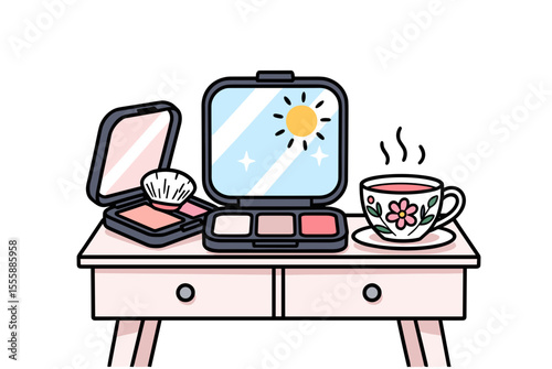 Makeup Palette and Tea Cup on Vanity Table Illustration with Mirror Reflecting Sunshine, Beauty and Relaxation
