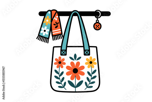 Floral Tote Bag and Scarf Hanging on a Rack, Vector Illustration with Cute Charm