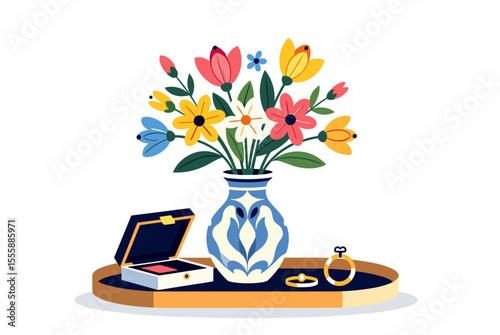 Elegant Still Life: Colorful Flowers in a Vase with Jewelry Box and Rings on a Tray, Flat Vector Illustration