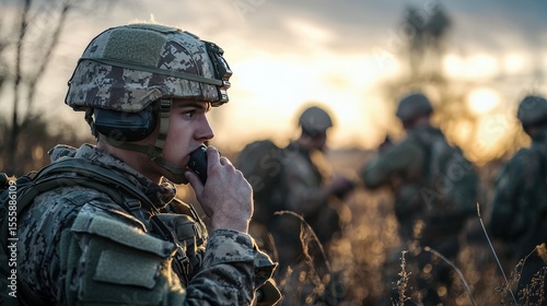 Military army soldiers conducting communication drills during a simulated battlefield exercise