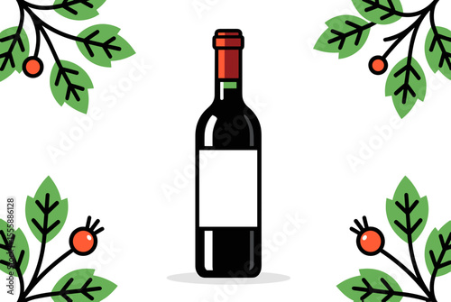 Elegant Red Wine Bottle Illustration with Greenery Border for Festive Occasions
