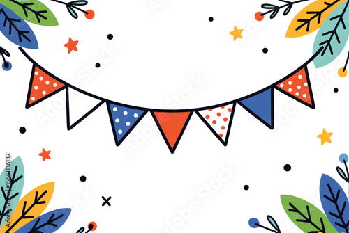 Festive Banner and Foliage Illustration with Red, White, and Blue Pennants for Celebrations and Events