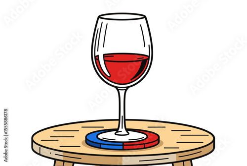 Elegant Glass of Red Wine on a Wooden Table with Coaster, Flat Design Illustration
