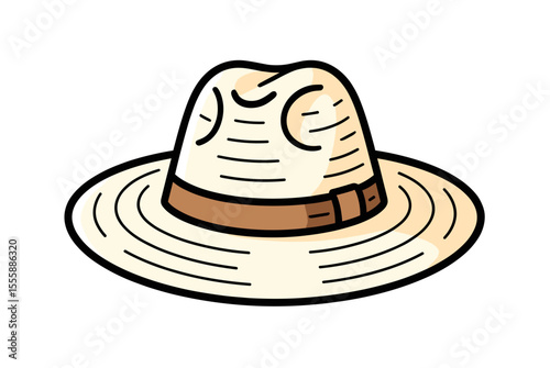 Stylized Cartoon Illustration of a Cream-Colored Fedora Hat with Brown Band on a White Background