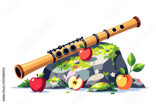 Illustration of a Wooden Flute Resting on a Mossy Rock with Red Apples, Representing Music and Nature