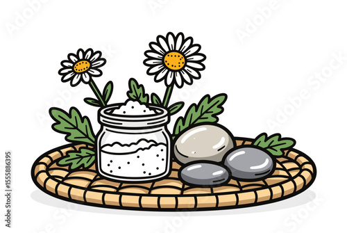 Spa Still Life with Daisies, Salt Jar, and Stones on Woven Tray Illustration