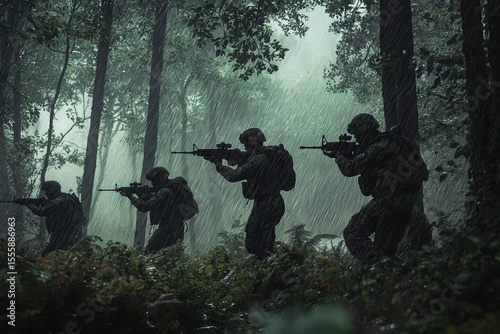 Soldiers practicing combat drills during a rainy day in dense forests