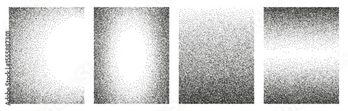 Noise grain backgrounds set. Black and white dotwork pattern. Vector border frame with stipple effect. Grain noise halftone or grainy dots texture.
