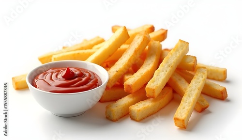 A bowl of golden French fries with a side of ketchup, arranged on a minimalist white background for a modern food presentation.