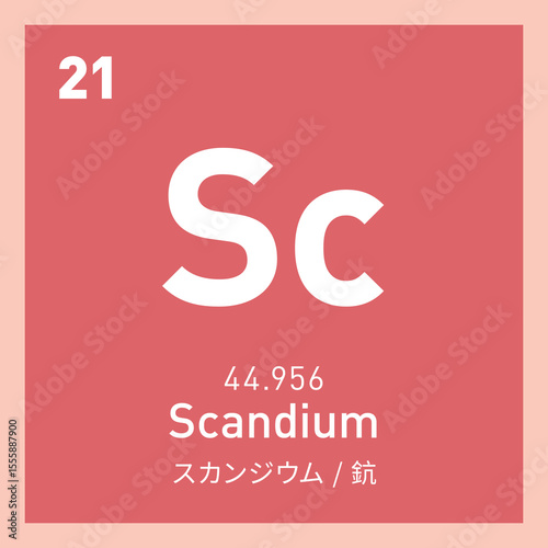 Sc. Scandium. An element with atomic number 21. Atom, element. Element symbol. Marks. Labels. Basic unit of matter. Periodic law.