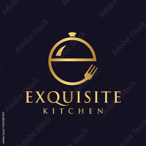 Elegant Exquisite Kitchen Logo Featuring Golden Food Cloche and Fork a Culinary Symbol of Sophistication and Gourmet Dining