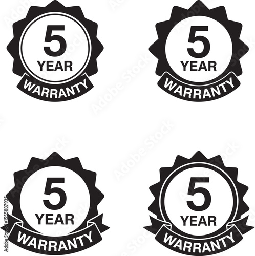 Set of four black and white five year warranty badges with starburst edges