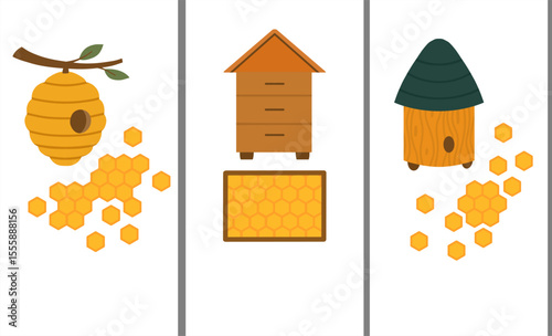 Vector set of vertical beekeeping banner. Collection of cards with beehive, honeycombs and copy space in vector flat style